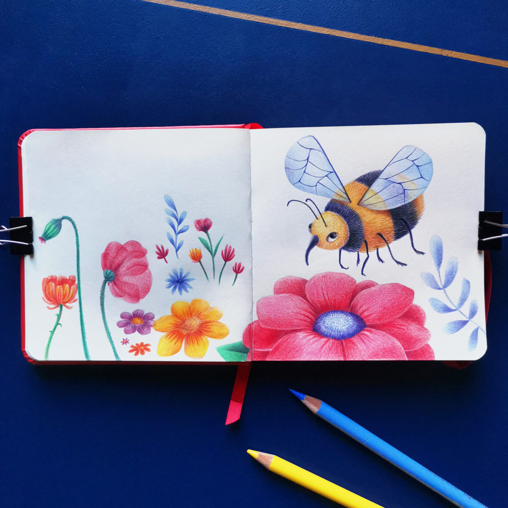 Illustration "l'abeille joufflue part butiner" au crayon de couleurs