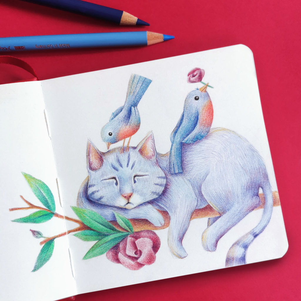Illustration "chat fainéant sur lequel les oiseaux se reposent" au crayon de couleurs