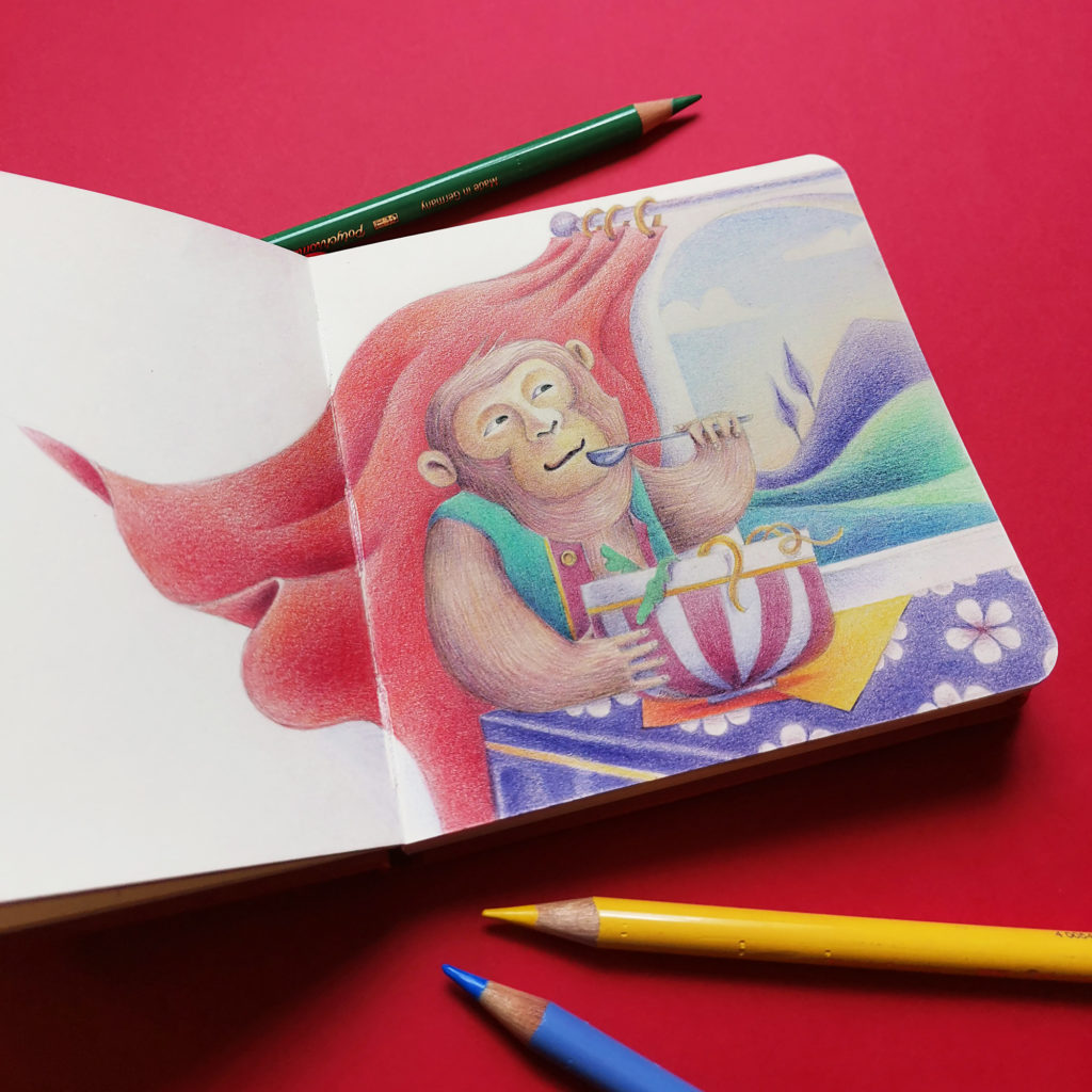 Illustration "petit singe et son plat de nouilles" au crayon de couleurs